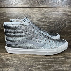 👟👟Vans Sk8-Hi Slim Foil Metallic Silver Leather Skate Shoes Sneakers